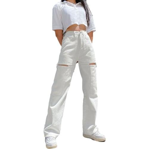 Womens High Waist Pants, Hollow Out Solid Color Jeans with Pockets Trousers for Female