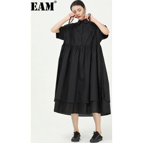 [EAM] Women Black Irregular Pleated Big Size Dress New Lapel Short Sleeve Loose Fit Fashion Tide Spring Summer 2021 1W101