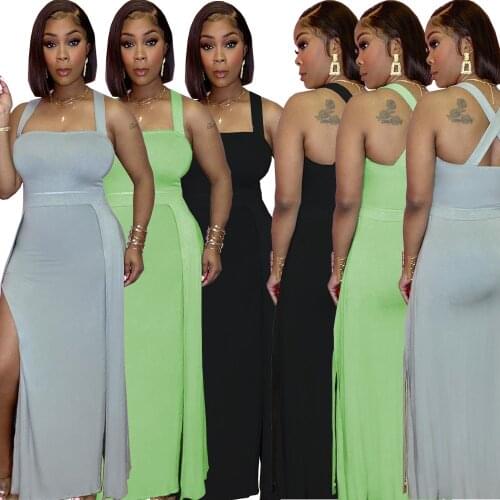 European and American sexy womens summer fashion personality solid color sling open back split dress long skirt women