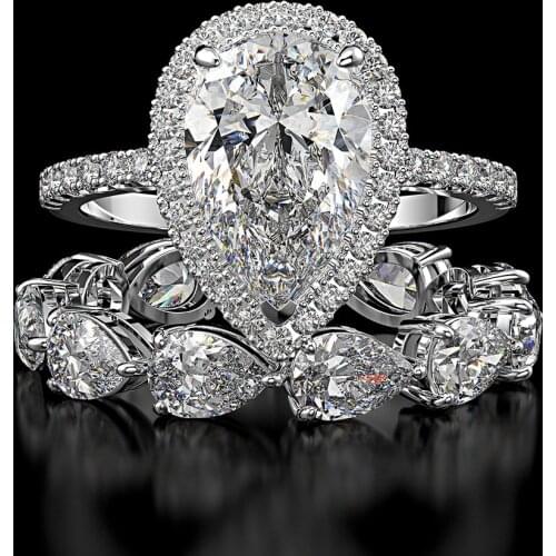 Water Drop 8*12MM Simulated Moissanite Lab Diamond Ring Sets 100% 925 Sterling Silver Wedding band Rings for Women Jewelry