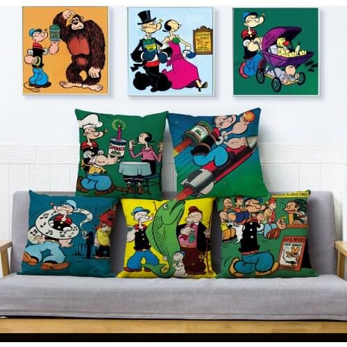 Classic Cartoon Popeye Print Cushion Cover Strong Sailor Pattern Pillowcase Kid Gift Sofa Home Decor Linen Pillows Cases