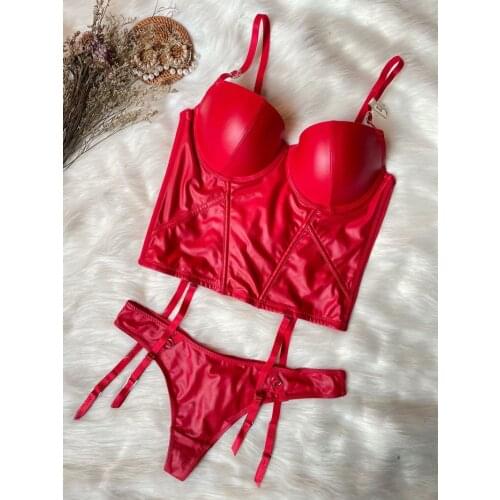 Wriufred Sexy Glossy Gathering Bra Panties Set Leather Small Bone Shaped Body Shaper Waist Underwear Set Red Bralette