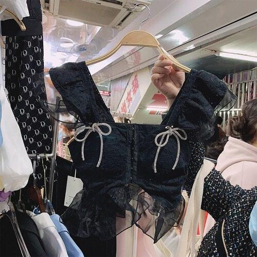 Lace Shirt for Woman 2021 Summer New Sexy Square Collar Bow Stitching Mesh Flying Sleeves Top Girls Lady Blouses Blusas