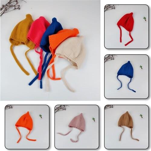 Cute Baby Bonnet Hat Warm Knitted Kids Girl Boy Autumn Winter Hat Solid Color Lacing Children Toddler Beanie Cap Knitted Hat