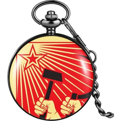 Mens Pocket Watch Communist Badge Pattern Smooth Black Cover Classic Big Dial High Quality Thick Chain Pendant Souvenir For Dad