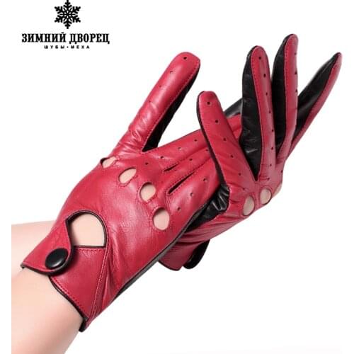 Genuine Leather mittens female glove Fashion leather gloves Punk style gloves female driving gloves Red stitching hollow design