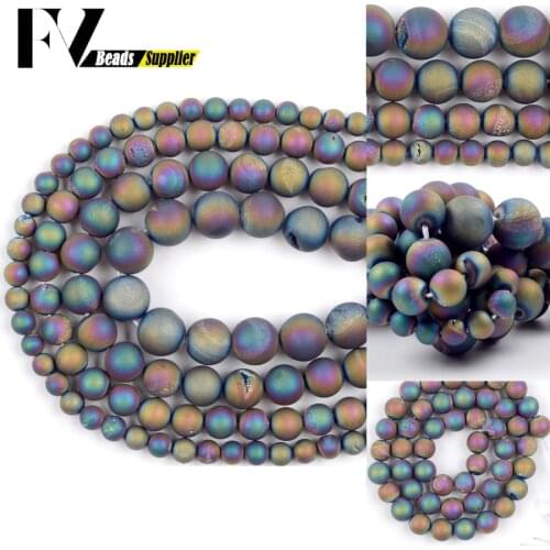 Natural Color Metallic Coated Matte Druzy Agates Beads For Jewelry Making 6/8/10/12mm Round Loose Beads Diy Bracelet Accessories