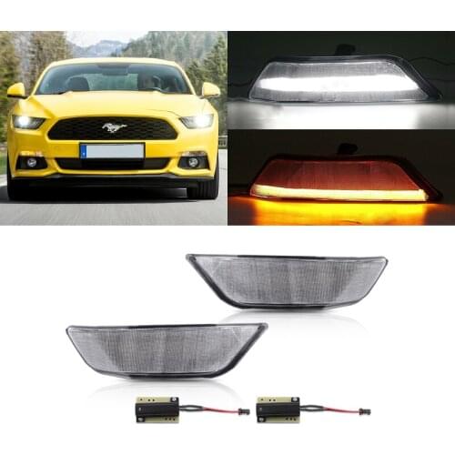 2x Front Dynamic Amber Led Side Marker Lights White Led Corner Parking Position Lamps For Ford Mustang 2015-2017