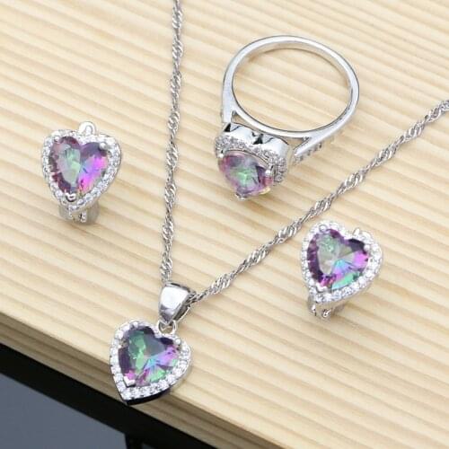 Heart Mystic Rainbow Zircon 925 Sterling Silver Jewelry Set For Women Wedding Accessories Earrings/Pendant/Necklace/Rings