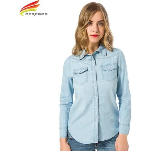 Denim Shirt Women Autumn 2021 Blue And Sky Blue Clothes Plus Size Shirt With Double Pockets Long Sleeve Blouse Elegant Shirts