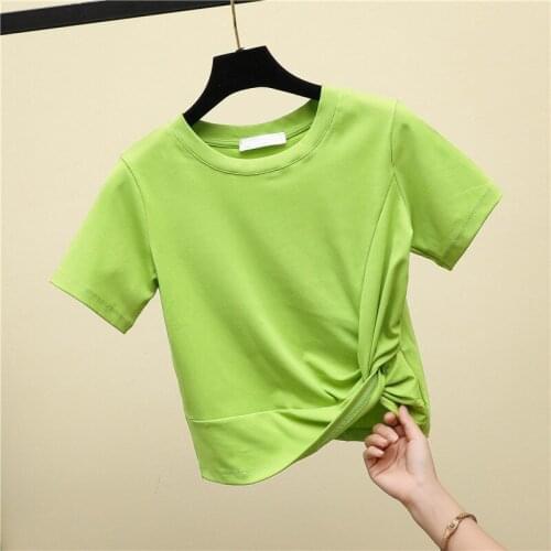 Zuolunouba Summer New Avocado Green Short Ladies T-shirt Slim Short Sleeves Exposed Navel Solid Color High Waist Women Tees Tops