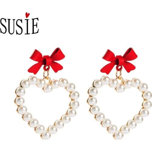 LOVE SUSIE Fashion Women Earrings Christmas Jewelery Accessories Party Gifts Pearl Heart Shaped Spray Paint Bow