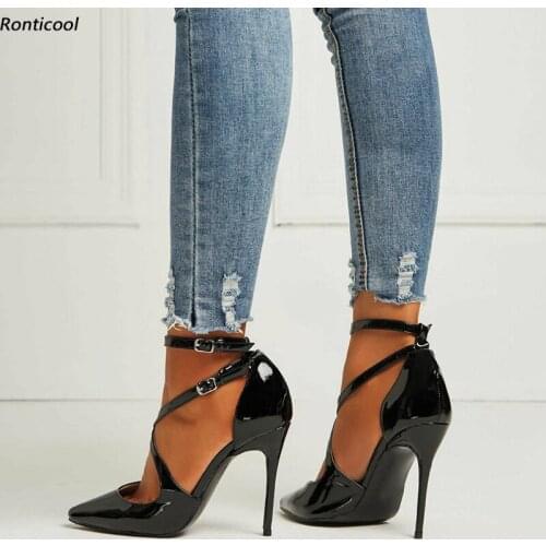 Ronticool Customize Handmade Women Strappy Pumps Patent Leather Stiletto Heel Pointed Toe Black Party Shoes US Plus Size 5-15