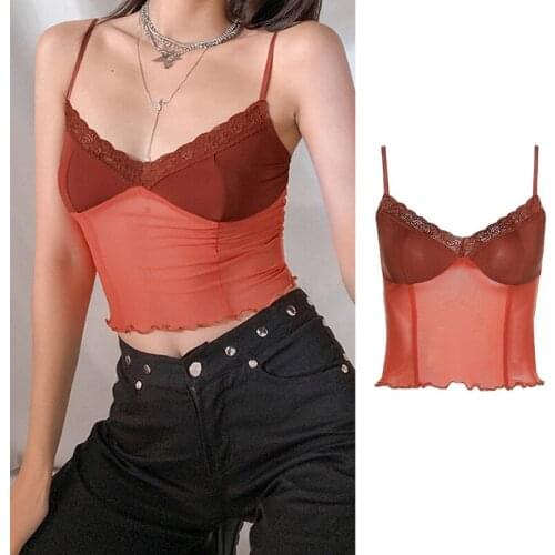 Women Sexy Spaghetti Strap Mesh Crop Top Deep V-Neck Lace Ruffles Camis Vest X7JB