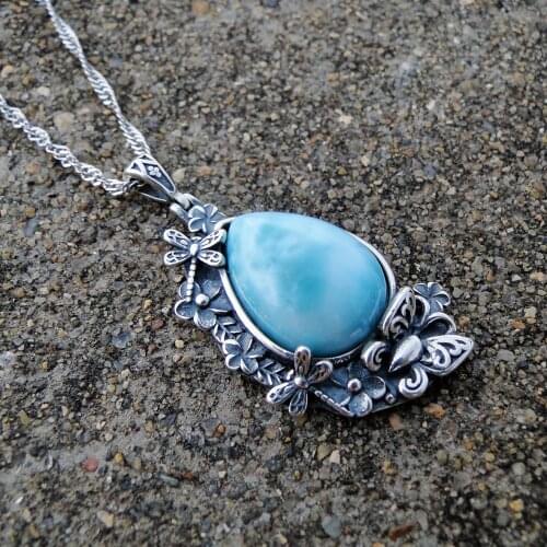 Antique 925 Sterling Silver Natural Larimar Butterfly and Flowers Waterdrop Pendant Necklace For Women Gift