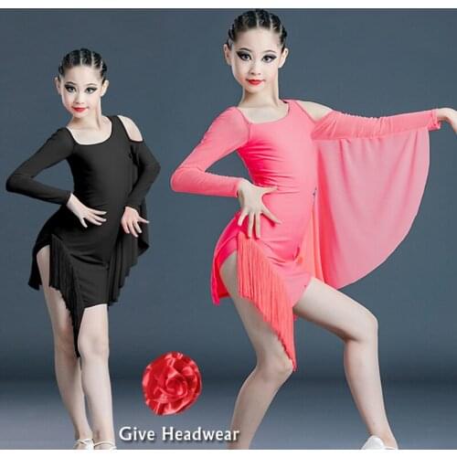 Latin Dance Dresses For Girls Butterfly Sleeve Pink Fringed Samba Rumba Tap Dancing Wear Latin Competition Black Dress BL5012