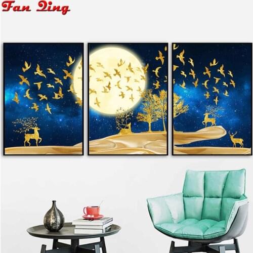 3 pcs Golden deer moon bird landscape Diamond Painting DIY Diamond Embroidery Full Square Drill Diamond Mosaic Nordic Decoratio