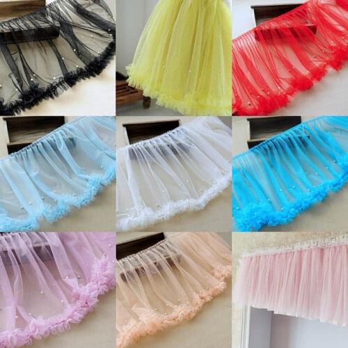 35CM Wide Transparent Mesh Pleated with Artificial Pearl Lace Ribbon DIY Dress Clothing Apparel Sewing & Fabric 1Meter Length