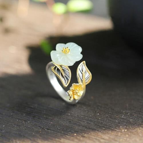 Hotan white Chalcedony plum ring sterling silver super fairy gold palace retro style temperament personality opening