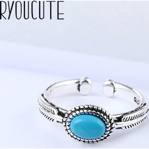Bohemian Big Real Silver Color Blue Rings for Women Jewelry Punk Vintage Antique Finger Engagement Ring Party Gift