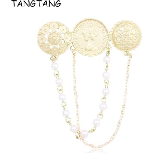 TANGTANG Large Golden Brooch With Long Tassel Pearl Chain Cameo Elizabeth Brooch Pin Unique Design Attractive Brooch Jewelry Pin