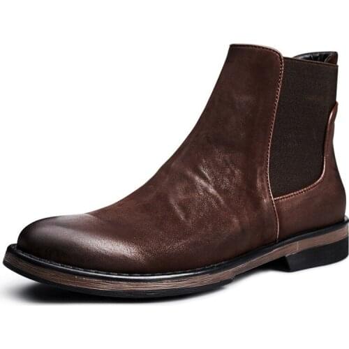 Retro Chelsea Boots Men High Top Genuine Leather Shoes British Business Slip On Booties Winter Cotton Shoes Plus Size