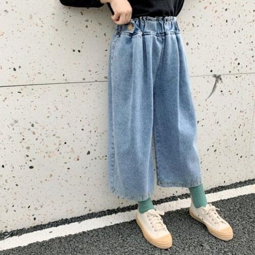 DFXD 2020 Spring Teen girls Denim Blue Trrousers Korean Loose Elastic Waist Cotton Jeans Wide Leg Pants For 3-12Yrs Girl Clothes