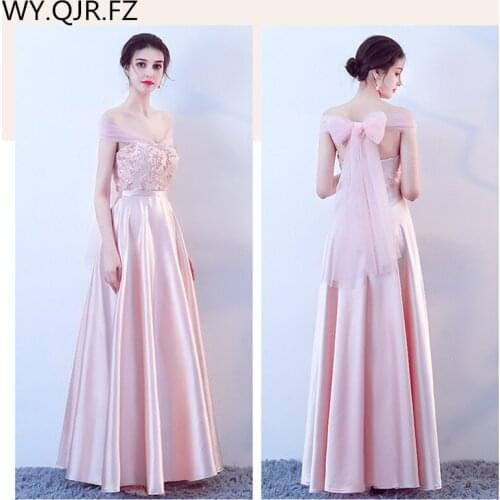 KBS-019C#Peach pink lace up Boat Neck long Bridesmaid dresses wedding party dress 2020 gown prom wholesale cheap fashion women