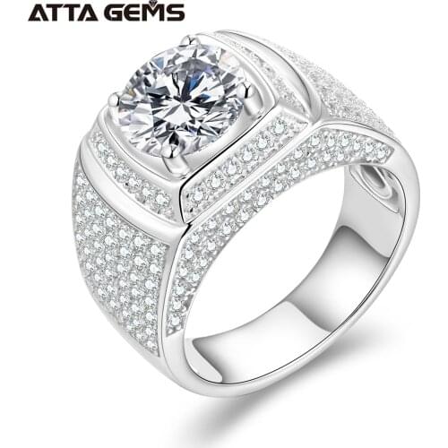 ATTAGEMS Classic 925 Sterling Silver Rings Men Wedding Silver Diamond Engagement 3.0Ct 9.0mm D Color Moissanite Ring for Men