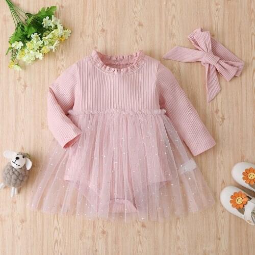 PatPat 2021 New 2-piece Baby Cotton Solid Tulle Romper with Headband for Baby Girl Rompers Dress Clothes