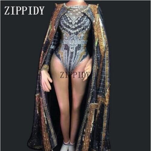 Fashion Black Gold Performance Outfit Crystals Leotard Long Cap Rhinestones Costumes Women Stage Dance Sequins Jacket