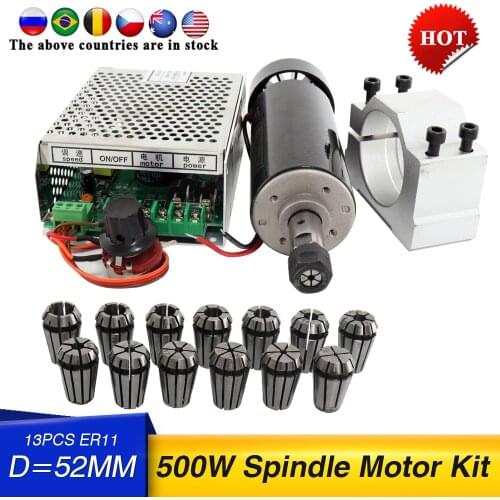 Free shipping 500w Air cooled spindle Motor +13pcs ER11 chuck + 52mm clamps + Power Supply speed governo