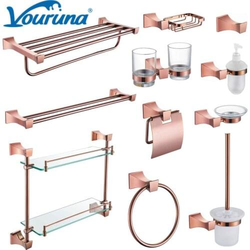 VOURUNA Rose Golden Bath Hardware Set Bathroom Accessory Collection Toilet Paper Holder Towel Rail Soap Basket Solid Brass