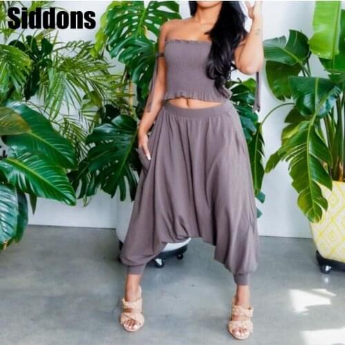 Solid Sleeveless Bandage Tops And Loose Full Length Cross-pants Set Women 2 Piece Set