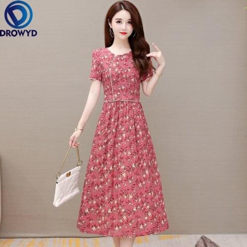 Fashion Elegant Women Dresses Summer Ladies O-Neck Short Sleeved Loose Floral Printed Dress Female Vintage Party Robe Vestidos