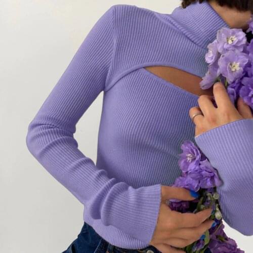 Casual Knitted Turtleneck Tops Women Hollow Out Long Sleeve T Shirts Skinny Autumn Spring Slim Tee Shirt Girls Ullzang Clothing