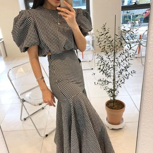 RUGOD 2021 Korean retro puff sleeve short shirt high waist plaid bag hip fishtail skirt two-piece female