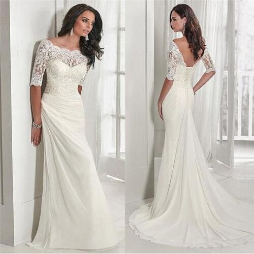 Sexy Half Sleeves Lace Top Mermaid Chiffon Long Wedding Dress Pleated Ruched Bridal Gowns Retro Bandage Back Corset