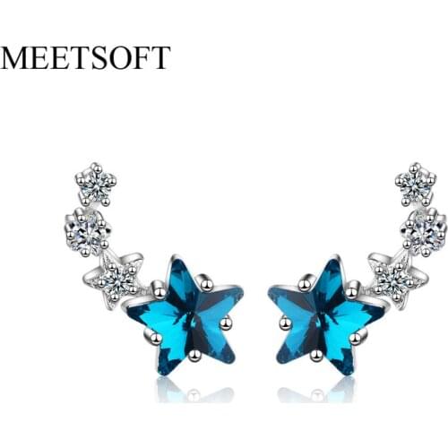 MEETSOFT 925 Sterling Silver Prevent Allergy Stud Earrings for Women Trendy Small Blue Pentagram Jewelry Gift