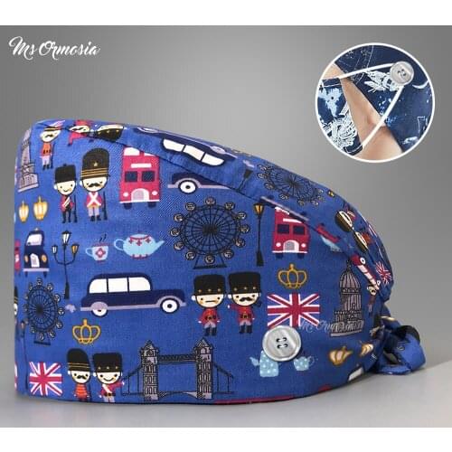 Custom Tieback Surgical beauty salon Operating Room Hat 100% Cotton Scrub Caps veterinary lab hat nurse accessories with button