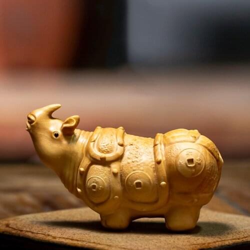 Boxwood 7cm Rhinocero Sculpture Lucky Wood Animal Statues Rhino Home Decor