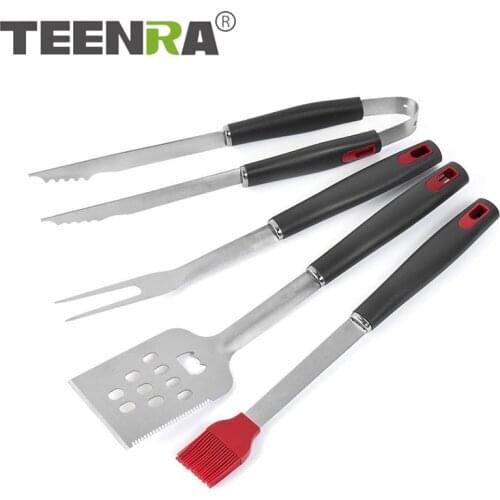 TEENRA 4Pcs Stainless Steel BBQ Tools Set Barbecue Cooking Utensil Outdoor Camping BBQ Accessories Picnic Tools