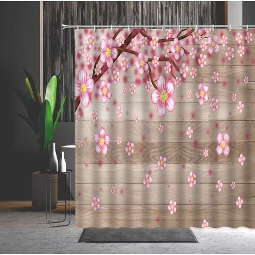 Waterproof Shower Curtain Chinese Style Pink Flowers Natural Landscape 3D Printed Bathtub Decoration Bath Curtains Set With Hook