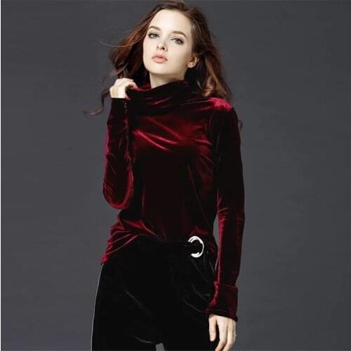 Women 2020 Autumn Long Sleeve T-shirt Vintage Turtleneck Velvet Women Tops Solid Elegant Slim Office Wear Shirts Plus Size M-8XL
