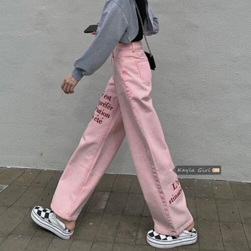 2021 Spring Pink Street Letters Printed Long Demin Pants High Waist Women Trousers New Straight Jeans Pants Autumn New KZ996