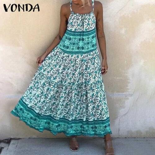 Women Summer Sundress Bohemian Floral Print Dress 2021 VONDA Pleated Party Maxi Long Dress Casual Loose Vestidos
