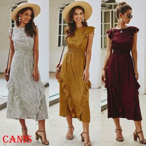 Women Ladies Summer Boho Spotted Ruffle Sleeve Floral Long Midi Dress Evening Party Beach Dresses Polka Dot Holiday Casual Dress