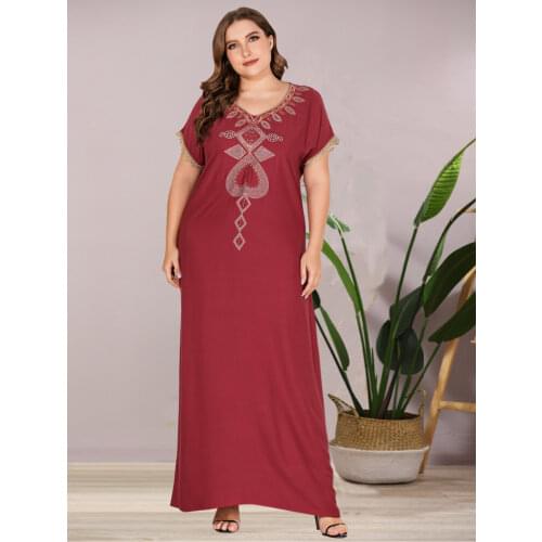 Beading Muslim Abaya Dress Women V Neck Moroccan Kaftan Djellaba Hijab Vestidos Islamic Clothing Short Sleeve Islam Ropa Summer