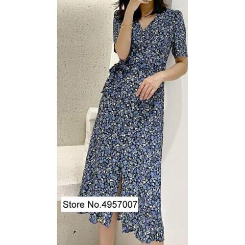 Ladies V Neck Floral Printed Button Front Midi Dress With Short Sleeve & Waist Ties