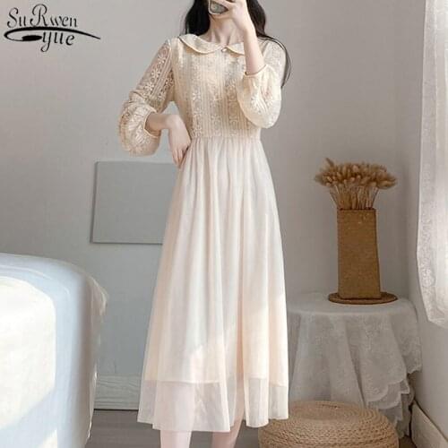 2021 Solid Vintage Puff Sleeve Party Dress New Fashion Spring Mesh Dress for Women High Waist Peter Pan Collar Long Dress 12913